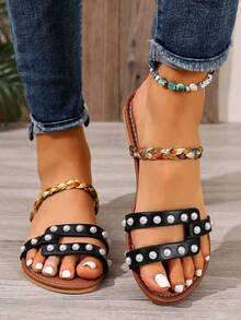 2026 New Women's Flat Sandals, Pearl, Strap, Rivet, Woven Strap, Vacation, Bohemian Style, Black Slide Slippers - Black - View 4