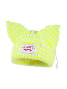 1pc Women's Fashion Striped Ear Adorned Distressed Fabric Tag Knitted Hat, Warm For Autumn/Winter Outfit Beanie Fall Outfit - Nhiều màu - Xem 4