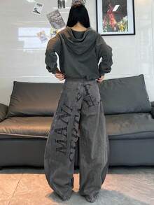1件日系街頭風女款拼接印花彎腿寬鬆寬腿牛仔長褲，四季皆宜休閒款 - 灰色 - 查看 9