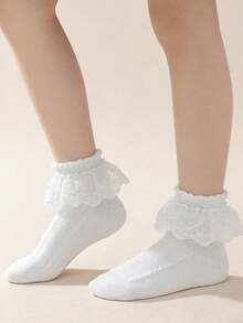 4 Pairs Kids & Toddlers Lace Trim Princess Floral Dance Ankle Socks - White - View 5