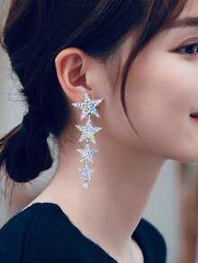 1 Đôi bông tai tua rua hình ngôi sao đính đá, thích hợp để đeo hàng ngày. - Bạc - Xem 2