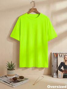 Camiseta de mujer minimalista y fresca, de manga corta, cuello redondo, unicolor y holgada, adecuada para primavera y verano casual - Verde - Ver 8