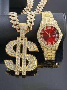 1 Set Dollar Sign Fully Paved Pendant 15mm Rhombus Cuban Link Necklace & Bracelet, Men's Red Dial Watch, Hip Hop Style Accessories Set For Men - Red - View 7
