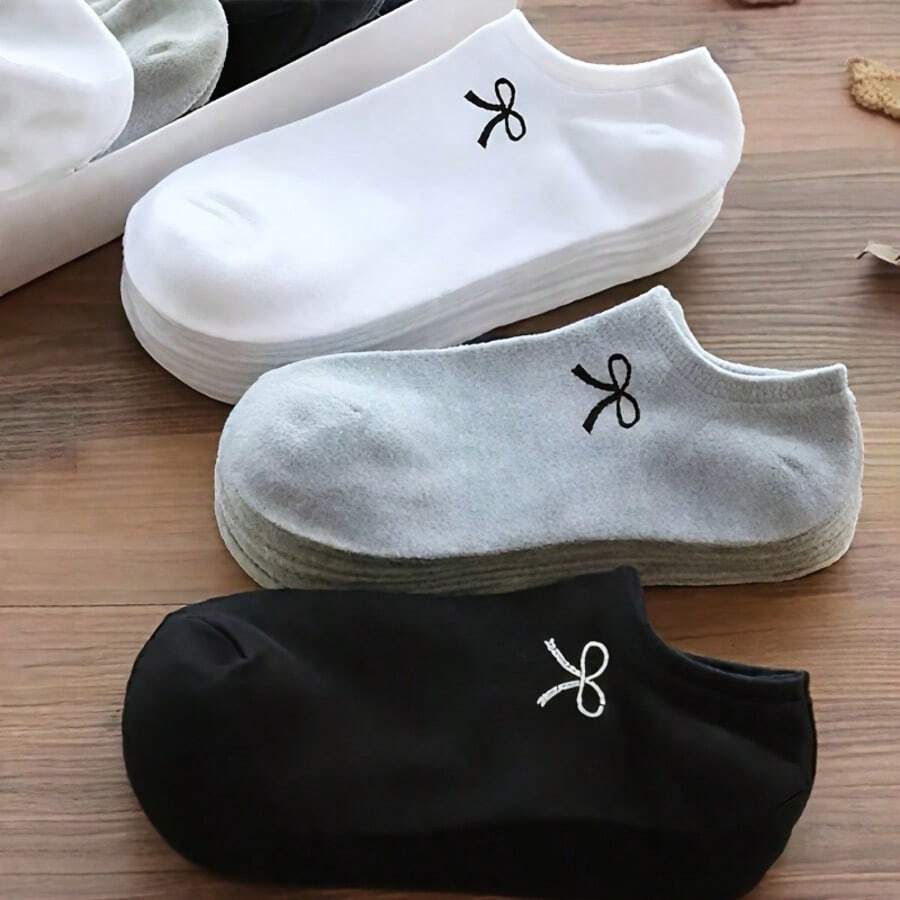 6/10 Pairs Women & Unisex Bow Tie Short Socks - Breathable Comfortable Invisible Pressure Socks Suitable For Thick Thighs & Loose Ankles, Classic Solid Color - Multicolor - View 1