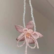 Pink Floral Crystal Tassel Necklace Earrings Set Sweet Fairy Pure Desire Style Atmosphere Clavicle Chain - 粉紅色花朵串珠項鍊 - 查看 2