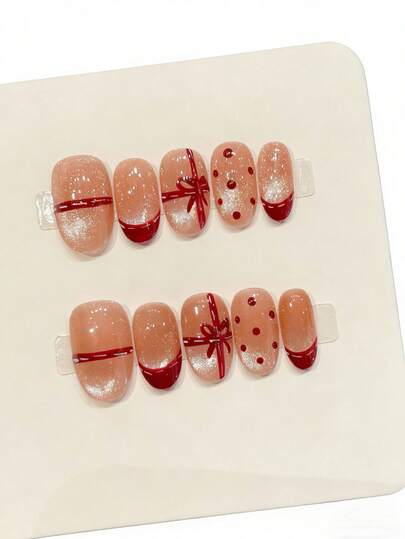 10 st handgjorda bärbara nagelklistermärken, mild och söt stil + festlig atmosfär, korallrosa mjuk + vinröd livlig, lämplig för daglig pendling och ceremoniella tillfällen som jul, nyår, födelsedag, söt men inte kladdig, mångsidig och elegant, lämplig för flickors vardagsbruk nagelklistermärken