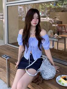 Áo sơ mi nữ tay ngắn cổ nơ, thích hợp cho mùa hè. - Màu xanh lam - Xem 5