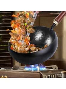 Buy 1 Pan, Get 2 Brushes Free Carbon Steel Wok Pan | Nitrided Uncoated Cookware | Even Heating Multipurpose Kitchen Pan With Lid & Wooden Handle | Includes 2 Brushes | Compatible With All Stoves & Induction Cooktop | Kitchen Essentials & Camping Cooking Gear - Black 3-piece Set (1 Pot and 2 Brushes Included) - View 9