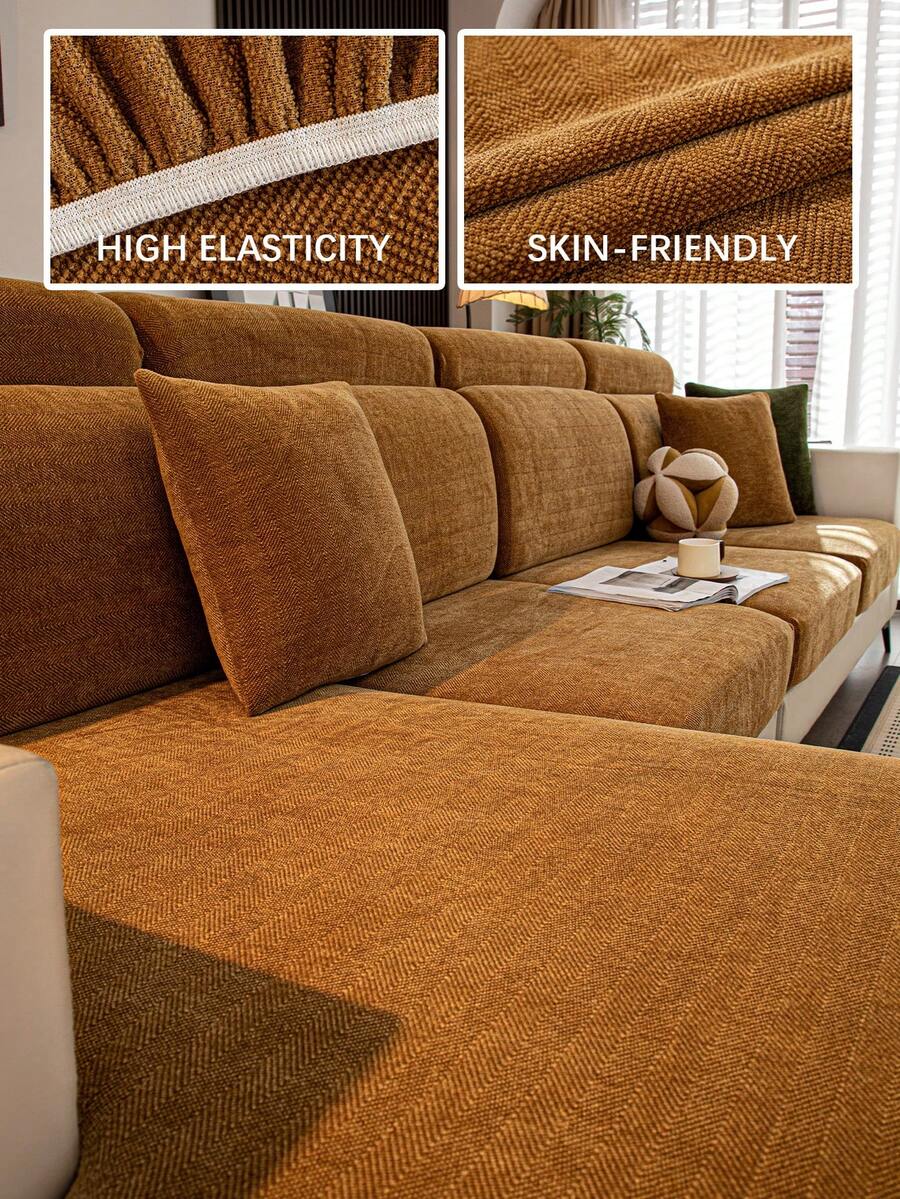 1pc Solid Color Elastic Jacquard Sofa Seat Cushion Cover, L-Shaped Sofa Cover, Separate Sofa Backrest Cover, Dirt-Resistant & Non-Slip, Easy To Remove And Wash, Suitable For Living Room Decor, Furniture Protection, Multiple Sizes Available - Mocha Brown - View 1