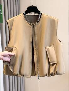 Women's Short Vest Jacket, Fashionable Romantic Peplum Hem, Spring & Summer, Round Neck Reversible Zipper Design, Lined, Unique Pockets, Suitable For Daily Casual Wear, Sleeveless Waistcoat - Maroon - View 2