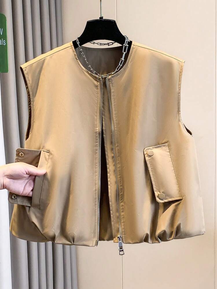 Women's Short Vest, Fashionable Romantic Peplum Hem, Round Neck