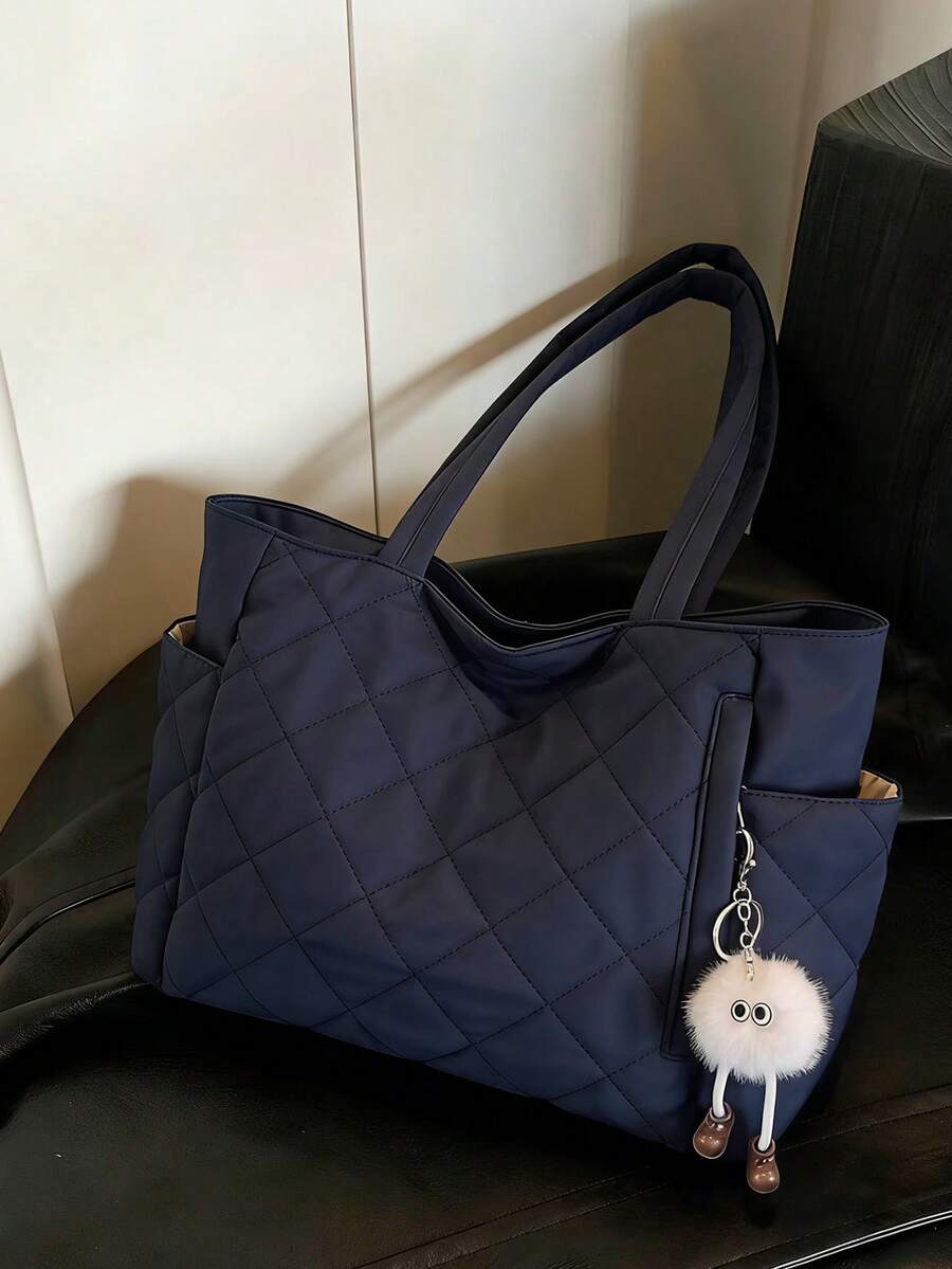 时尚大容量纯色单肩手提包，双提手设计，轻便易携，女士钱包，海军蓝钱包，带吊坠的单肩包，帆布手提包，女士休闲绗缝大容量手提包，夏季户外旅行和观光的理想之选，必备背包，蓝色