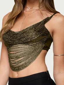 Women Y2k Tassel Draped Front Camisole Sexy Backless Criss Cross Slim Fitted Fringe Crop Top Night Out Party Clubwear Women's Sparkly Sequin Spaghetti Strap Crop Top Sleeveless V Neck Rave Tank Vest Clubwear - 軍綠色 - 查看 3