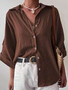 Camisa de mujer casual de lino de unicolor con mangas enrollables y detalles de botones, de manga larga, para primavera - Marrón - Ver 2