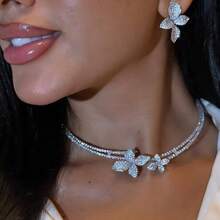 2pcs/Set Bestselling Floral Open Choker Necklace & Earrings Set, Luxury Elegant Jewelry Set, Women Accessories Set - Silver - View 3