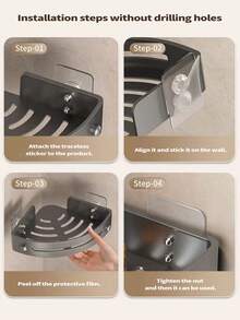 Black Bathroom Shelf, Large Capacity Wall-Mounted, No Drilling Required. Can Be Used As Wall-Mounted Shower Gel & Shampoo Rack, Towel Rack, Rectangular Wall-Mounted Rack, And Adhesive Bathroom Shelf. Suitable For Bathroom And Kitchen. - Rectangular Rack - View 4