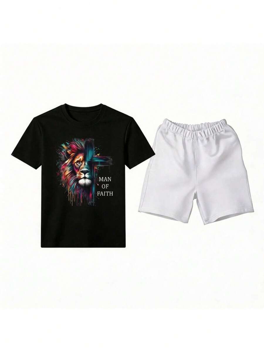 Conjunto para hombre estilo streetwear artístico con estampado colorido de león y temática de fe tela cómoda ajuste holgado cuello redondo manga corta verano uso diario casual set de camiseta y short - Negro 1 - Ver 1