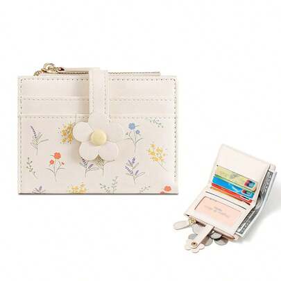 Neue Damen Pu-Leder Geldbörsen Weibliche Kurze Verschluss Geldbeutel Damen Tragbare Geldbörse Große Kapazität Kartenetui Clutch mit süßen Blumen und Pflanzen