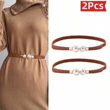 2/4Pcs Women's Thin Waist Belt Winter New Style Pearl Buckle Decor Minimalist Versatile Elastic Stretch Waist Cincher For Sweater Dress - Multicolor - View 20