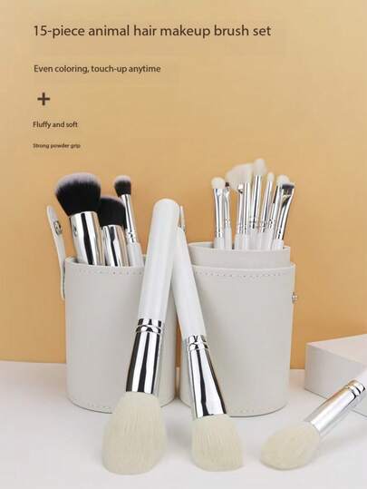15 Stück Premium Tierhaar Make-up Pinsel Set, PU Pinselhalter für praktische Aufbewahrung, beinhaltet Puder, Kontur, Rouge, Gesichtsmaske, Highlighter, Concealer, Lidschatten Blending, Lippenpinsel. Weiche Fasern, flauschige Aufnahme, hochwertige Holzgriffe für präzise Gesichts-Make-up Anwendung