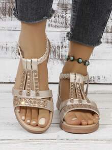 Sandales à plateforme pour femmes avec strass tressés, élastique, semelle épaisse, couleur unie, plage, élégante, gracieuse, resort, mode, décontractée, bohème, sexy, compensée, plateforme, été - Doré - Voir 6