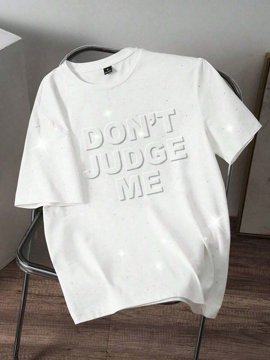 Camiseta de punto de manga corta con cuello redondo, estampado de letras en relieve, para uso casual y diario de los hombres - Blanco - Ver 1