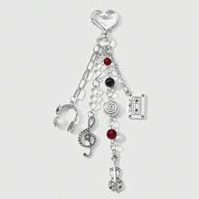 1pc Y2K Retro Cool Silver Headphone, Cassette Tape, Music Note Keychain; 1pc Silver Star Guitar, Microphone Keychain; 1pc Silver Heart Guitar, Pearl Tuba Keychain; 1pc Black & White Piano Key, Guitar, Music Note Pendant Keychain - Multicolor - View 14