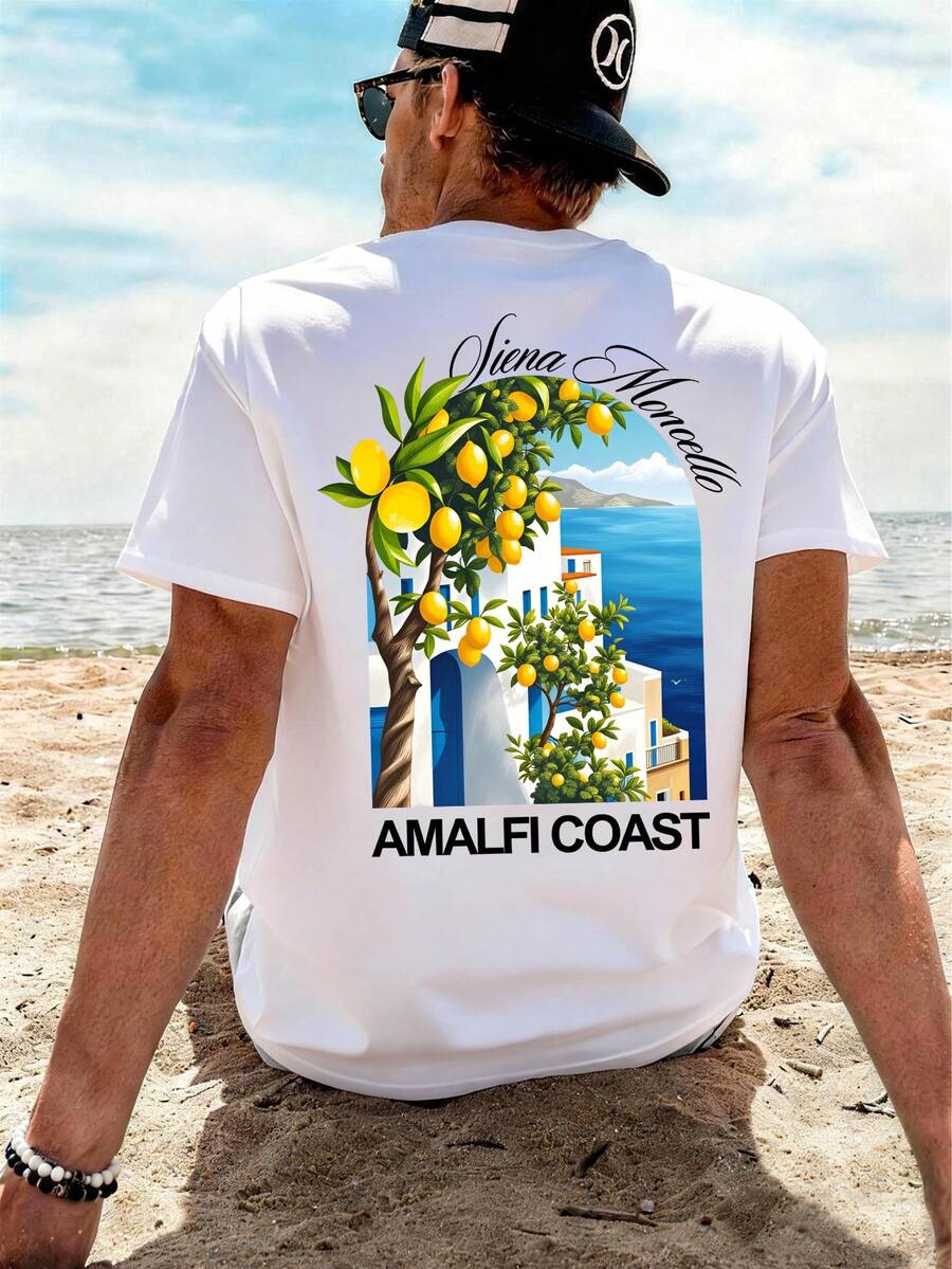 Amalfi Coast Resort Style T-Shirt, Casual Holiday Look, Comfortable Short-Sleeved T-Shirt Made Of Pure Cotton For Men, Relaxed Fit, Suitable For Everyday Wear, Weekend Outfits, Travel And Holidays, Stylish And Versatile T-Shirt, Outdoor Sports Shirt, Men's Summer Clothing - 白色 - 查看 1