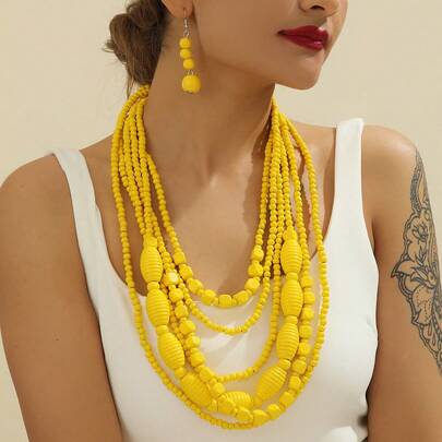 Handmade Exaggerated Multi-Layer Beaded Necklace And Earrings Set, Bohemian South Asian Style, Fashion Vintage, Suitable For Formal Events, Parties, Holidays, Casual Wear [Random Color Arrangement]