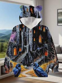 Women'S Gothic Castle & Raven Print Hoodie With Cat Ear Hood - Dark Fantasy Full-Body Graphic Sweatshirt, Cozy Fall Winter Pullover For Casual & Outdoor Wear, Fantasy-Themed Statement Outfit - 風格 - 查看 3
