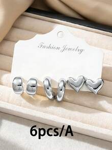 6-18pcs Fashionable Minimalist Heart, Teardrop, Shell, Conch, C-Shape, Geometric Design Stud Earrings, Suitable For Summer Travel And Daily Vacation Wear - Silver - View 7