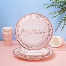 175PCS Happy Birthday Plates And Napkins Party Supplies Paper Pink And Rose Gold Plastic Forks Knives Spoons Serve 25 Guests For Girl Women - 粉紅色和玫瑰金 - 查看 6