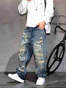 Vintage American Streetwear Style Distressed Patch Loose Fit Wide Leg Jeans, Relaxed Straight Cut Denim Pants For Men - 中等水洗 - 查看 5
