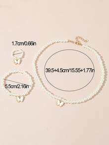 1 Set (3pcs) Butterfly Pendant Pearl Necklace, Bracelet, And Ring Set - White - View 5