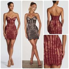 2026 New Spring And Summer Lace Bodycon Strapless Dress, Exquisite Crochet Slim Fit Short Dress, High Waist Slimming A-Line Dress - Burgundy - View 4