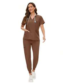 Surgical Uniforms Woman Scrub Set Nurse Beauty Salon Workwear Clinical Scrubs Top Pants Sets Spa Doctor Nursing Clinical Suit - màu nâu - Xem 3