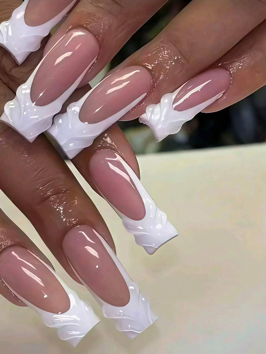 Women's Hand-Painted Nail Stickers Full Coverage Nail Stickers, White French, 3D Hand-Painted Nail Art, French Nude Nail Patches, Nail Supplies - Multicolor - View 1