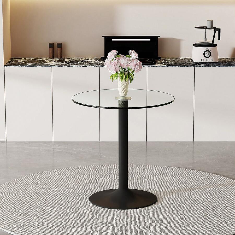 Minimalist And Modern Round Bar Table In Tempered Glass: With A Diameter Of 89 Cm And A Height Of 92 Cm, It Is The Ideal Choice To Create A Slightly Luxurious Atmosphere. - Black + Transparent + Glass + Metal + Circular - View 1