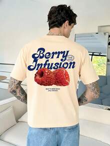 Camiseta de manga corta de cuello redondo con estampado de letras azul y rojo frambuesa de doble cara, de moda callejera casual de verano para hombres FRACTYR - Albaricoque - Ver 3