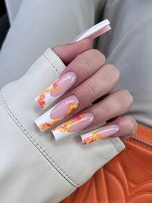 24片长棺材形美甲贴片，粉色扎染极简设计，包含1片果冻胶和1个指甲锉，提升您的时尚感，适合度假、日常佩戴、上学、办公、派对等场合。 - 彩色 - 查看 1