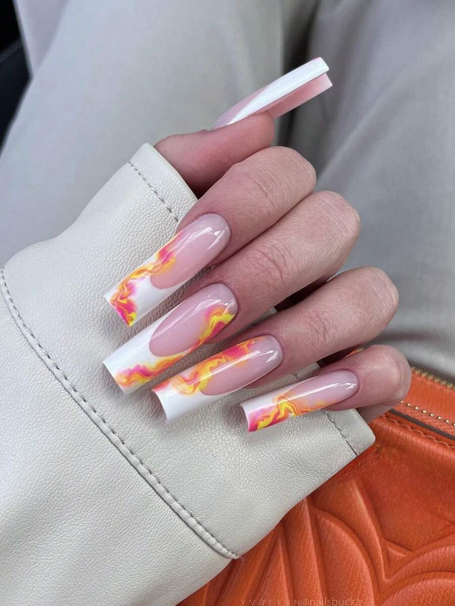 24片长棺材形美甲贴片，粉色扎染极简设计，包含1片果冻胶和1个指甲锉，提升您的时尚感，适合度假、日常佩戴、上学、办公、派对等场合。 - 彩色 - 查看 1