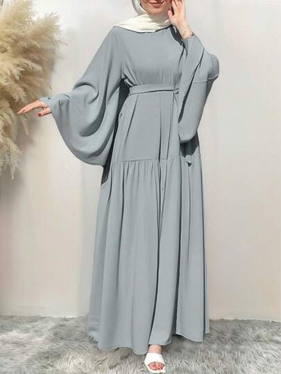 Women's Solid Color Round Neck Belted Elegant Long Sleeve Abaya, Modest Spring