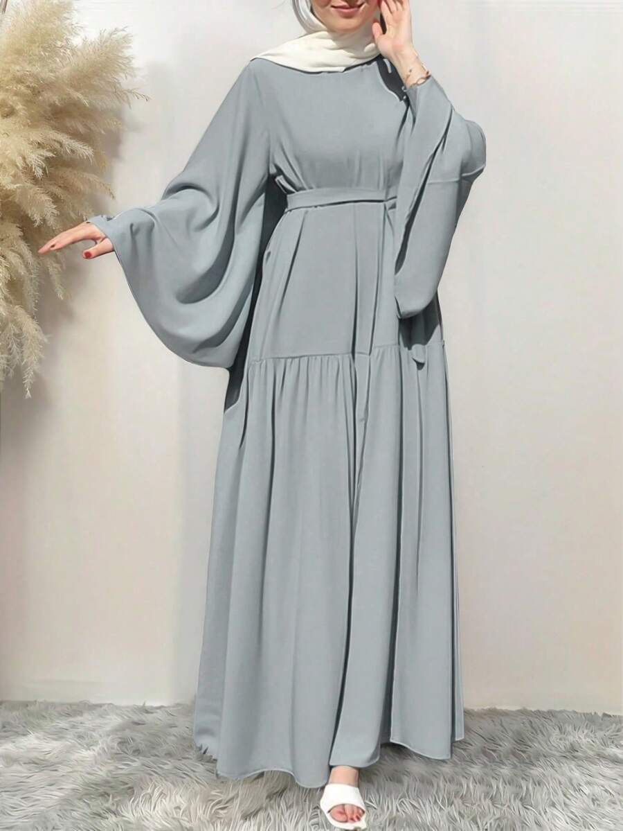 Áo Abaya dài tay cổ tròn, màu trơn, có thắt lưng, thanh lịch dành cho nữ, kiểu dáng kín đáo, thích hợp cho mùa xuân. - Xám - Xem 1