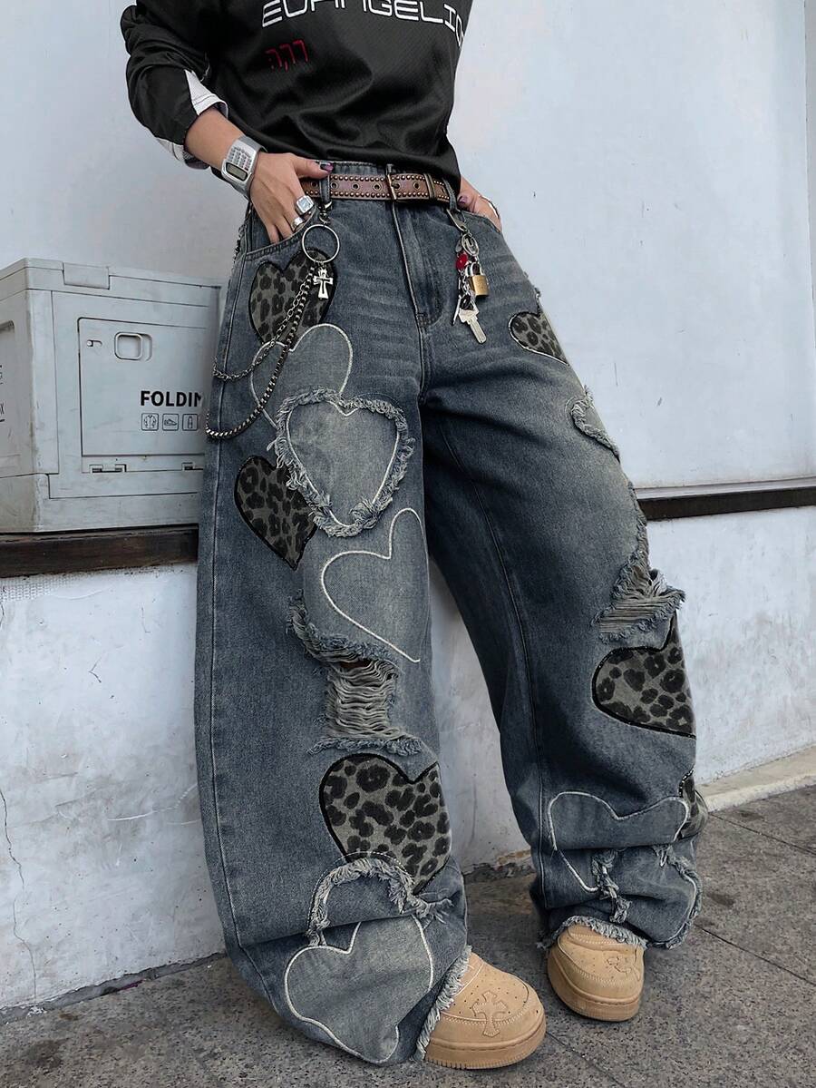 Hearty Haven 1件裝 美式男士街頭風刺繡做舊寬腿寬鬆休閒舒適學院風原色下擺四季百搭牛仔褲 - 不含腰帶與配件 - 霧霾藍 - 查看 1