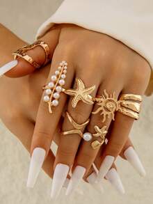 7件套朋克风锌合金海星、向日葵、仿珍珠几何戒指套装，独特礼物，适合女性日常叠戴 - 30835-ring-G - 查看 3