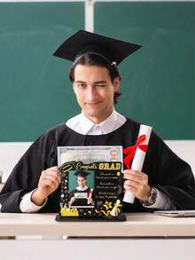 2026 Graduation Photo Frame, Wooden Mini Graduation Cap Display Stand With Blessing, Kindergarten, Preschool, High School Commemorative Gift (Black And Gold, Proud) - Black Graduation Photo Frame - View 5