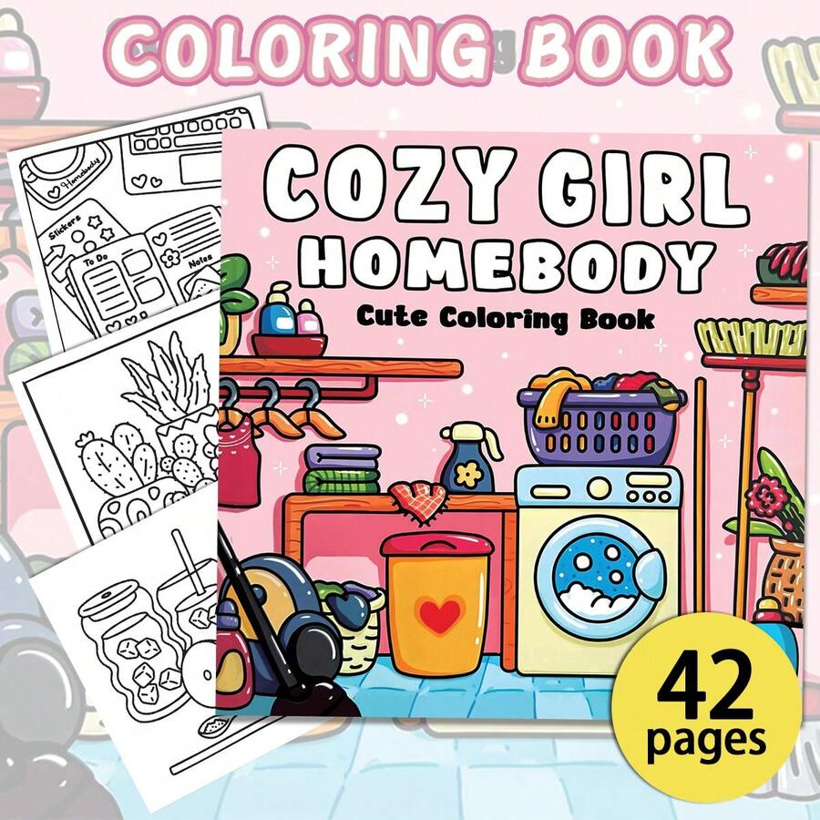 1pc COZY GIRL HOMEbody Cute Minimalist Coloring Book: 42 Pages Of Adorable Kawaii Home And Cleaning Scenes, 220g Thick Paper, Perfect For Mother's Day Gift And Spring Self-Care - Coloring Book - View 1