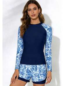 2-Piece/Women's Long-Sleeved Surf Set, Surf Suit, Wetsuit, Tropical Plant Print Raglan Sleeve Surf Top Set For Women, Women's Contrasting Tropical Print Long-Sleeved Rashguard Set For Summer Beach Vacation, Women's Surf Suit - 淺藍色 - 查看 3