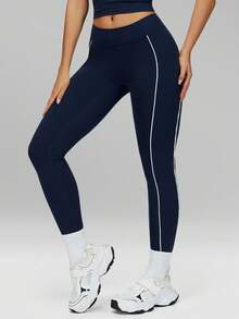 Leggings de mujer MFVIM con contraste de color, pantalones deportivos y casuales, ajuste ceñido levantador de glúteos, control de abdomen, tela suave y transpirable elástica, adecuado para ir al trabajo, actividades al aire libre, correr, yoga, pilates, entrenamiento en el gimnasio - Azul lavado oscuro - Ver 10