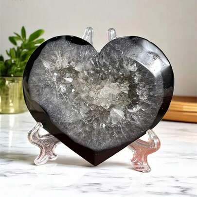 1颗黑色玛瑙心形晶洞水晶 | 天然闪光宝石，爱心雕刻掌心石，拇指抛光口袋宝石，非常适合家居装饰、冥想疗愈、水晶收藏、派对礼物